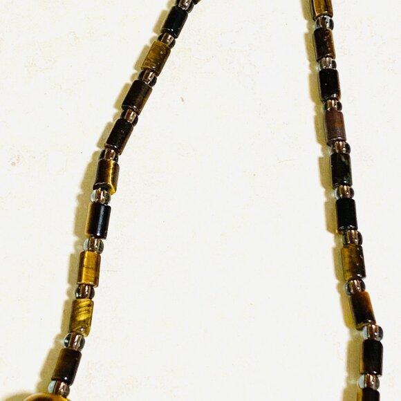 Rustic Tiger's Eye Beaded Necklace, Genuine Yellow Brown Tumbled Gemstone - Picture 7 of 11